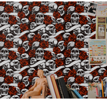 Papel tapiz flores calaveras góticas - TenVinilo