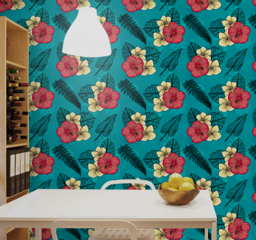 Papel tapiz flores patrón de hibisco tropical - TenVinilo