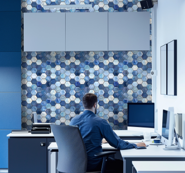 Papel tapiz oficina efecto azulejos azules - TenVinilo