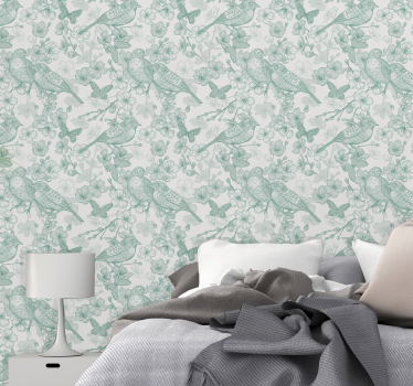 Papel tapiz pájaros motivo floral aviar - TenVinilo