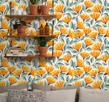 Papel tapiz para sala patrón floral de gingko - TenVinilo
