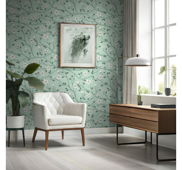 Papel de pared verde ramas florecientes - TenVinilo