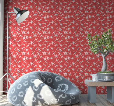Papel para pared rojo de selva con monos - TenVinilo