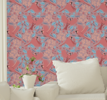 papel pared arboles Fondo de color rubor con pájaros - TenVinilo