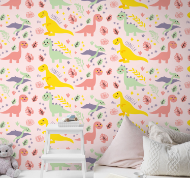 Papel pared con nombre dinosaurios pastel - TenVinilo
