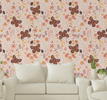 Papel pared flores con rosas y mariposas - TenVinilo