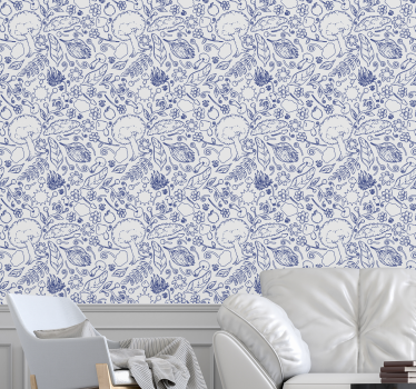 Papel pared hojas y árboles azules - TenVinilo
