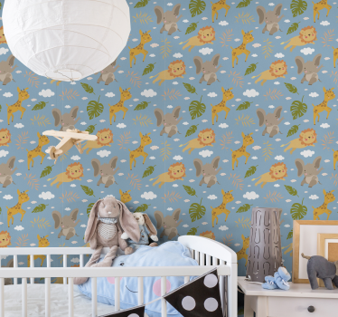 Papel pared infantil azul animales selva - TenVinilo