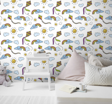 papel pared infantil con arcoiris y cometas - TenVinilo