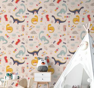 papel pared infantil Dinosaurios coloridos con nombres. - TenVinilo