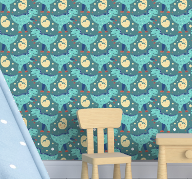 papel pared infantil Dinosaurios verdes t-rex manos arriba - TenVinilo
