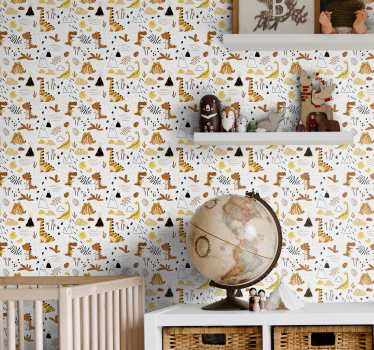 papel pared infantil Dinosaurios y patrón de volcán - TenVinilo