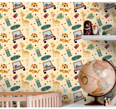 Papel pared infantil Encantadores animales de safari con coche y  - TenVinilo