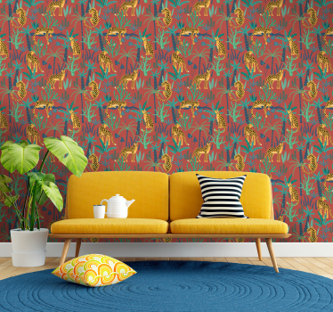 Papel pared naturaleza Hojas tropicales con leopardos - TenVinilo