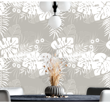 Papel pintado comedor hojas tropicales grises - TenVinilo