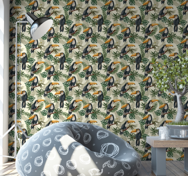Papel pared verde tropical de tucanes - TenVinilo