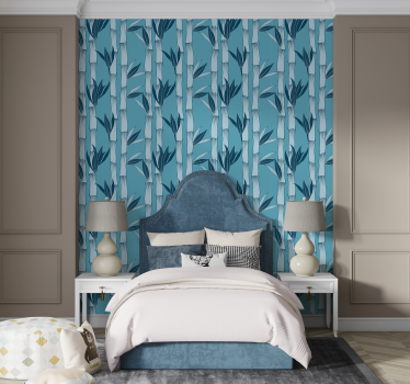 Papel decorativo azul plantas bambú - TenVinilo