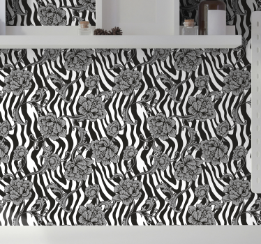 Papel tapiz cebra fusión floral de rayas de cebra - TenVinilo