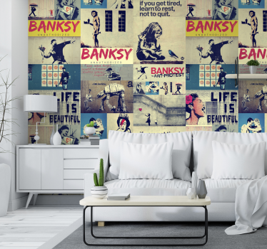 Papel pintado salón collage Banksy grafiti - TenVinilo