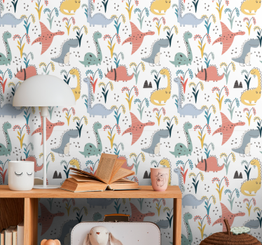 Papel pintado de dinosaurios Colorido patrón de dinosaurios y árb - TenVinilo