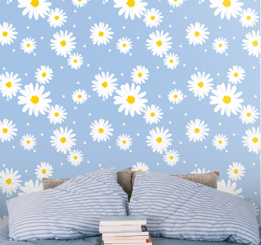Papel pintado de flores Flores blancas con fondo azul - TenVinilo