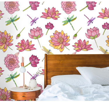 Papel pintado de flores Lotos y libélulas - TenVinilo