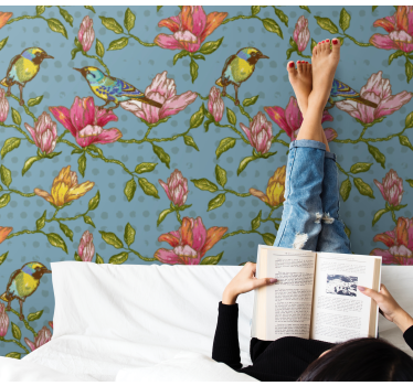 Papel pintado de flores Pájaros amarillos con flores - TenVinilo