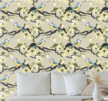 Papel pintado de flores Pájaros y mariposas en los árboles. - TenVinilo