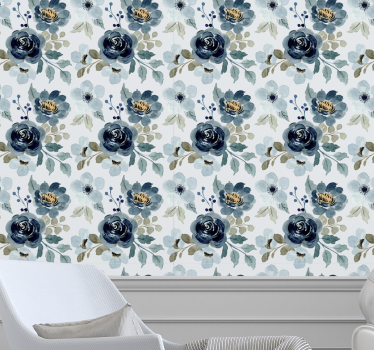 Papel pintado de flores Patrón floral azul vintage - TenVinilo