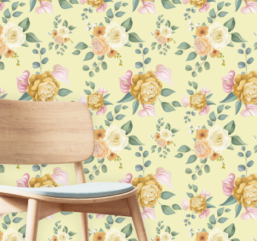Papel pintado de flores rosas amarillas retro - TenVinilo