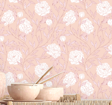 Papel pintado de flores rosas blancas retro - TenVinilo