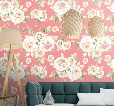Papel pintado de flores Rosas blancas vintage fondo rosa - TenVinilo