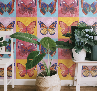 Papel pintado recibidor azulejos mariposas vintage - TenVinilo