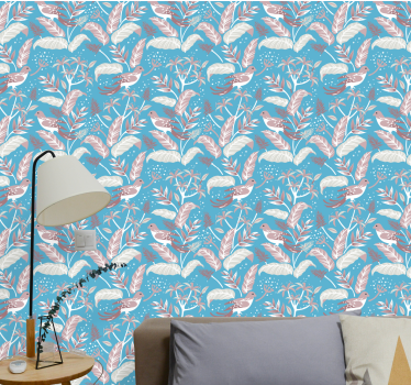 Papel pintado de pájaros Bordes blancos sobre hojas tropicales az - TenVinilo