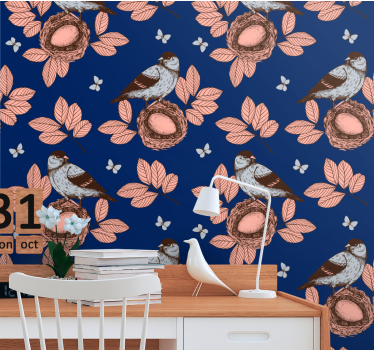 Papel pintado de pájaros Nido de pájaro azul estilo africano - TenVinilo