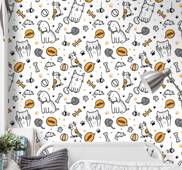 Papel pintado dormitorio Mascotas gatos y perros estilo doodle - TenVinilo