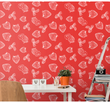 Papel pintado para cocinas Patrón de doodle de fresa - TenVinilo