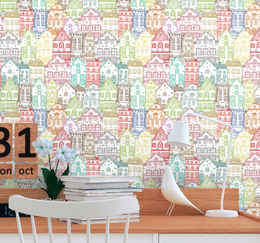 Papel pintado para salón Casas dibujadas a mano de patrones sin f - TenVinilo