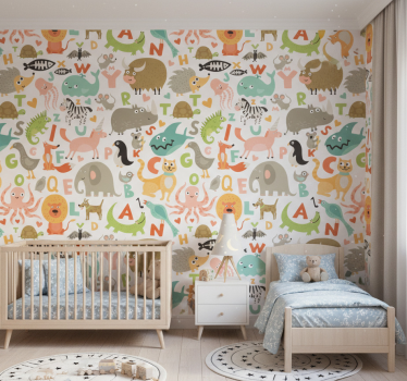 Papel tapiz animales abecedario con dibujos infantiles - TenVinilo