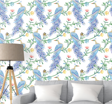 Papel tapiz pájaros elegante motivo de plumas azules. - TenVinilo