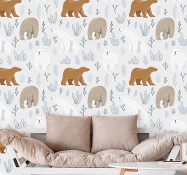 Papel tapiz animales patrón de oso pardo y polar - TenVinilo
