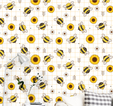 Papel tapiz animales patrón de girasoles de abejas - TenVinilo