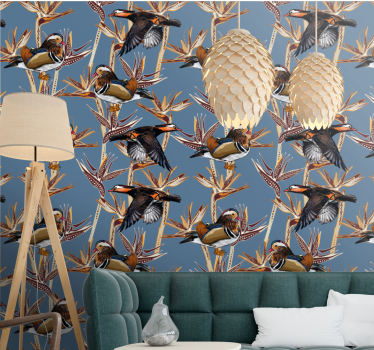 Papel tapiz pájaros motivo colorido con ramas - TenVinilo