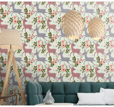 Papel tapiz animales patrón floral de ciervo - TenVinilo