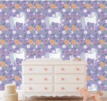 Papel tapiz animales patrón floral de unicornio - TenVinilo