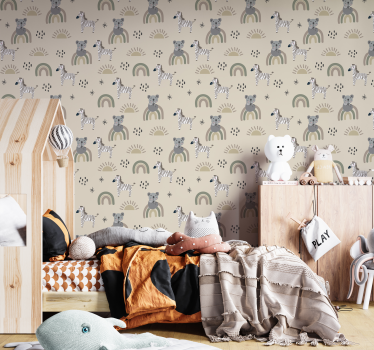 Papel tapiz animales patrón infantil beige y gris - TenVinilo