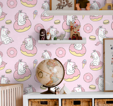 Papel tapiz animales unicornios comiendo golosinas - TenVinilo