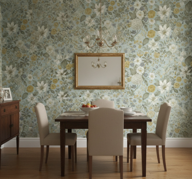 Papel tapiz comedor flores en tono oliva - TenVinilo