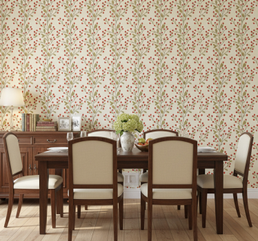 Papel tapiz comedor hojas y bayas florales - TenVinilo