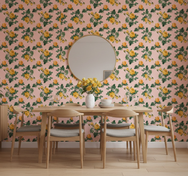 Papel tapiz comedor patrón de rosas amarillas - TenVinilo